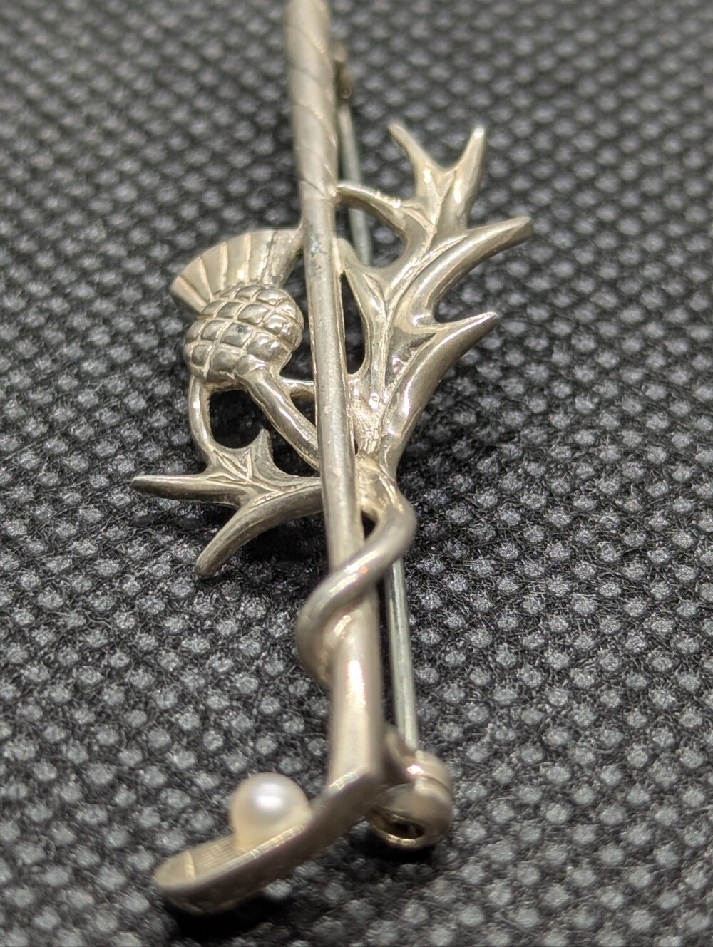 Vintage Sterling Silver Scottish Thistle Golf Club Stick Pin With Pearl
